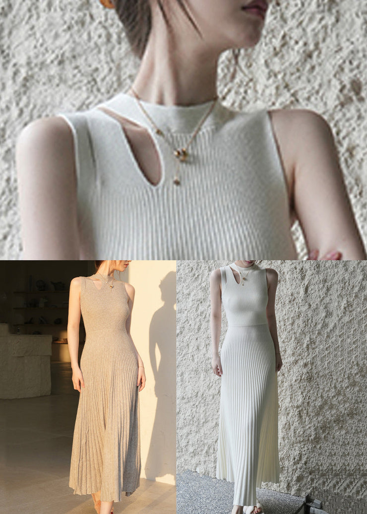 New White Wrinkled Hollow Out Knit Long Dress Sleeveless