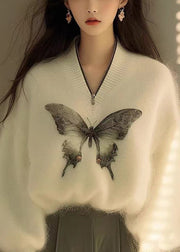 New White Zip Up Butterfly Print Knit Sweater Spring