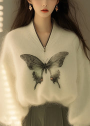 New White Zip Up Butterfly Print Knit Sweater Spring