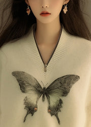 New White Zip Up Butterfly Print Knit Sweater Spring