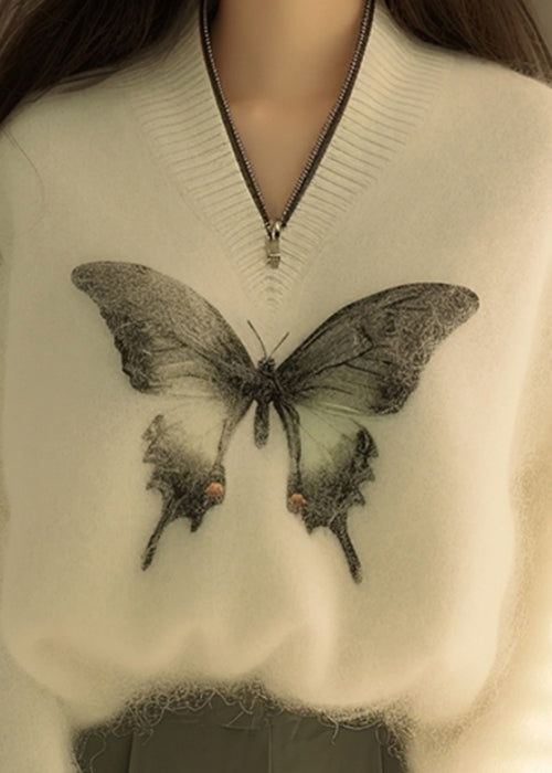 New White Zip Up Butterfly Print Knit Sweater Winter