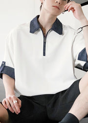 New White Zip Up Patchwork Cotton Men Polo Shirt Summer