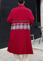 New Wine Red Notched Patchwork Woolen Mens Coat Winter