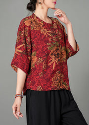 New Wine Red O Neck Print Cotton Blouses Summer