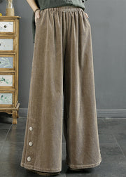 New Wine Red Pockets Elastic Waist Corduroy Wide Leg Pants Fall