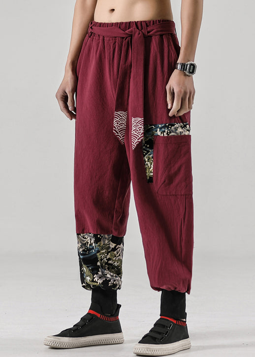 New Wine Red Pockets Elastic Waist Cotton Summer Mens Harem Pants