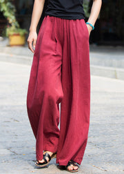 New Wine Red Pockets Elastic Waist Linen Pants Summer