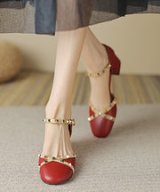 New Wine Red Rivet Buckle Strap Cowhide Leather Sandals