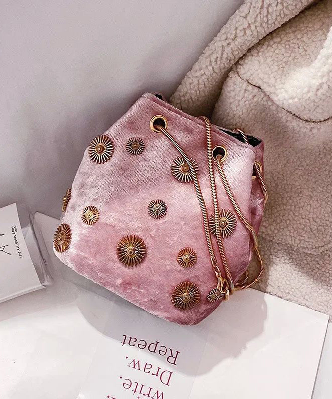 New Women Pink Rivet Decorated Velvet Bucket Bag