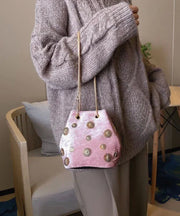 New Women Pink Rivet Decorated Velvet Bucket Bag