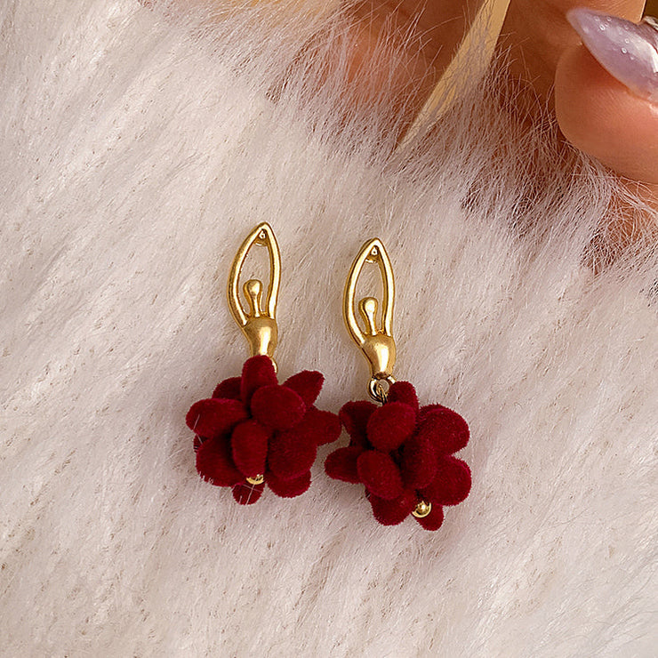 New Year Red Sterling Silver Alloy Flocking Floral Drop Earrings