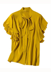 New Yellow Bow Ruffled Patchwork Silk Shirt Tops Summer