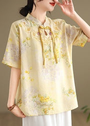 New Yellow Chinese Button Print Cotton Shirts Summer