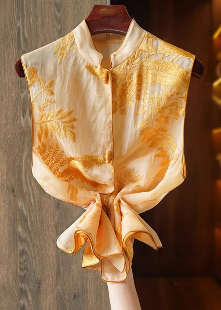 New Yellow Embroidered Button Tulle Waistcoat Sleeveless
