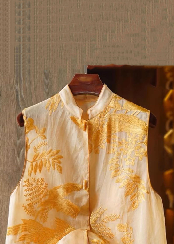 New Yellow Embroidered Button Tulle Waistcoat Sleeveless