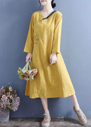 New Yellow Embroidered Chinese Button Cotton Dresses Spring