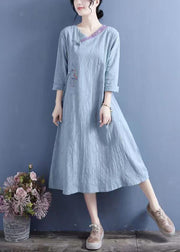 New Yellow Embroidered Chinese Button Cotton Dresses Spring