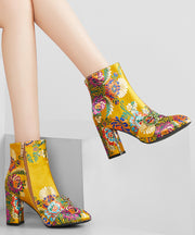 New Yellow Embroidered Zippered Cotton Chunky Ankle Boots