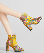 New Yellow Embroidered Zippered Cotton Chunky Ankle Boots