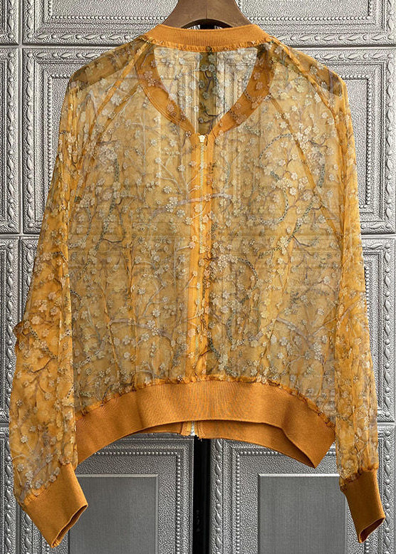 New Yellow Embroidered Zippered Patchwork Silk Thin Coats Long Sleeve