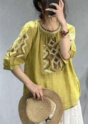 New Yellow O-Neck Embroidered Patchwork Cotton T Shirt Half Sleeve