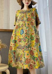 New Yellow O Neck Print Pockets Cotton Dresses Summer