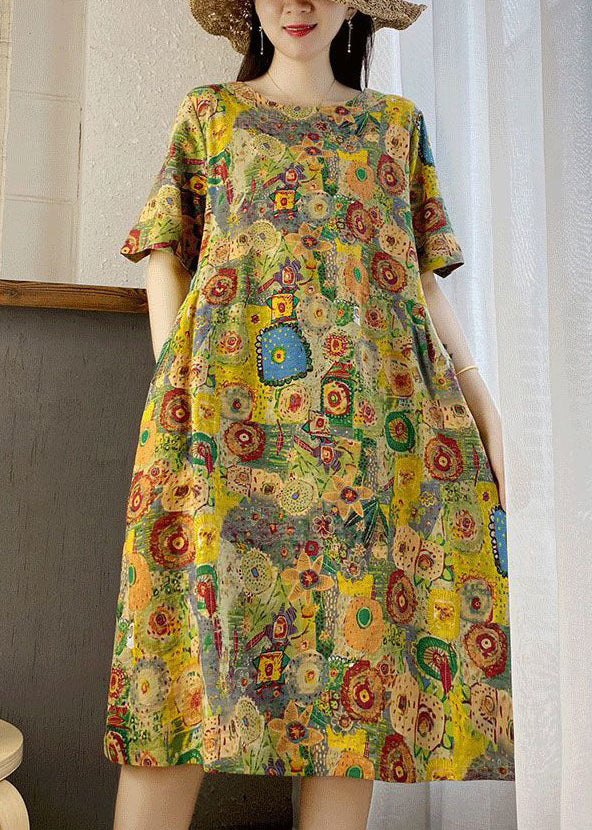 New Yellow O Neck Print Pockets Cotton Dresses Summer