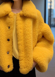 New Yellow Peter Pan Collar Button Teddy Faux Fur Coats Long Sleeve