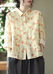 New Yellow Peter Pan Collar Print Linen Blouses Spring