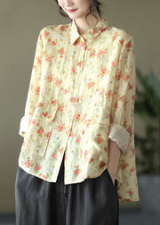 New Yellow Peter Pan Collar Print Linen Blouses Spring