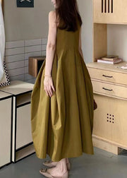 New Yellow Pockets Solid Cotton Long Dresses Sleeveless