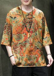 New Yellow Print Button Ice Silk T Shirts For Men Half Sleeve