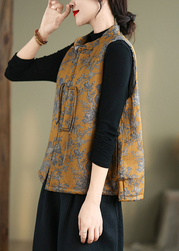 New Yellow Print Chinese Button Cotton Filled Waistcoat Winter