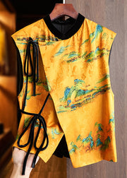 New Yellow Print Lace Up Patchwork Silk Waistcoat Sleeveless