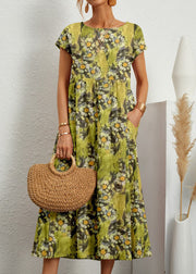 New Yellow Print Pockets Cotton Long Dresses Summer