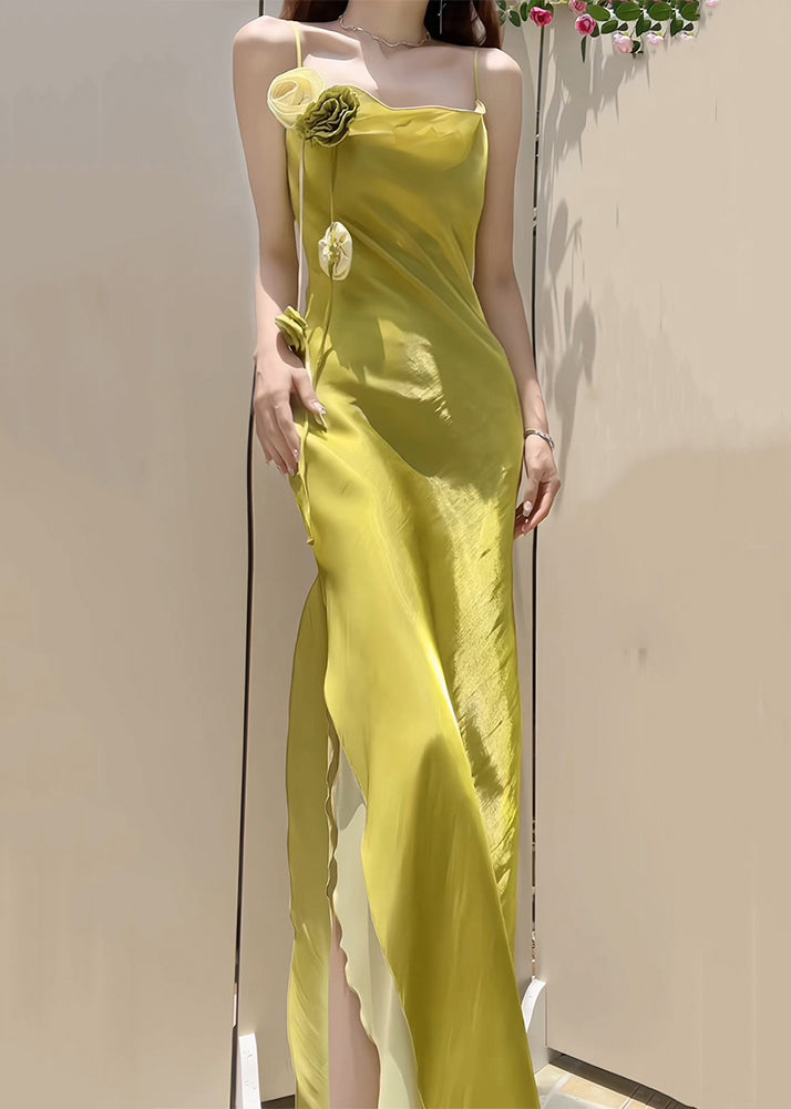 New Yellow Side Open Solid Silk Spaghetti Strap Dress Sleeveless