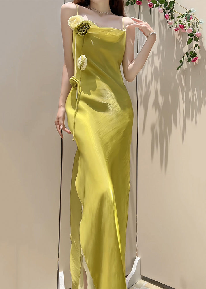 New Yellow Side Open Solid Silk Spaghetti Strap Dress Sleeveless