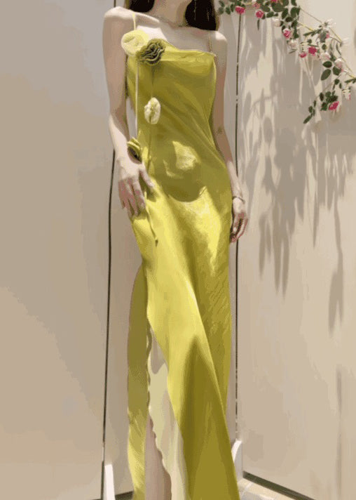 New Yellow Side Open Solid Silk Spaghetti Strap Dress Sleeveless