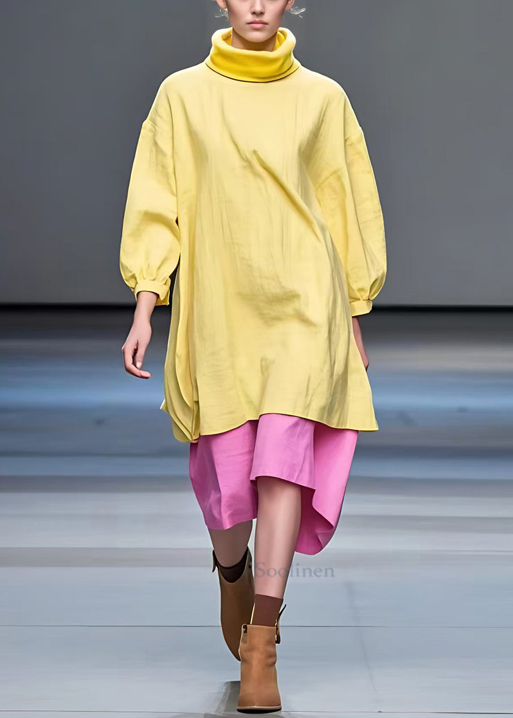 New Yellow Turtleneck Solid Patchwork Cotton Dress Fall