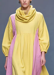 New Yellow Turtleneck Solid Patchwork Cotton Long Dress Fall