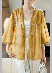 New Yellow V Neck Button Nail Bead Silk Shirt Batwing Sleeve