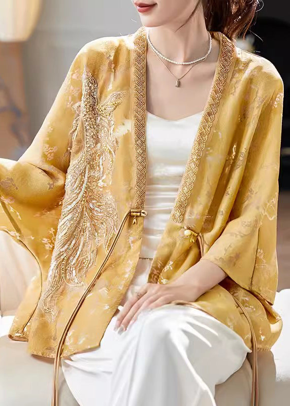 New Yellow V Neck Button Nail Bead Silk Shirt Batwing Sleeve