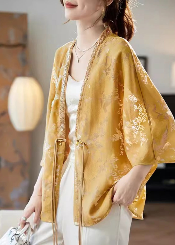 New Yellow V Neck Button Nail Bead Silk Shirt Batwing Sleeve