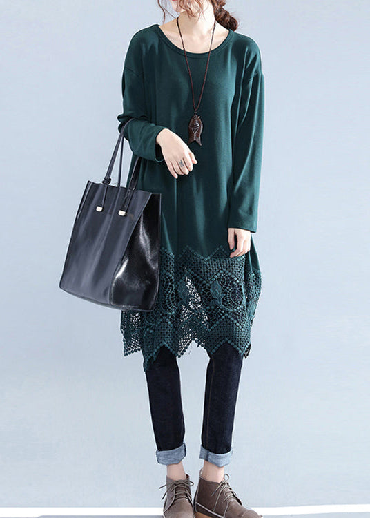 Neues schwarzgrünes Etuikleid aus Baumwolle in Übergröße aus Baumwolle, Kleider, Vintage-Spitzenrüschen, langärmlige Baumwollkleider