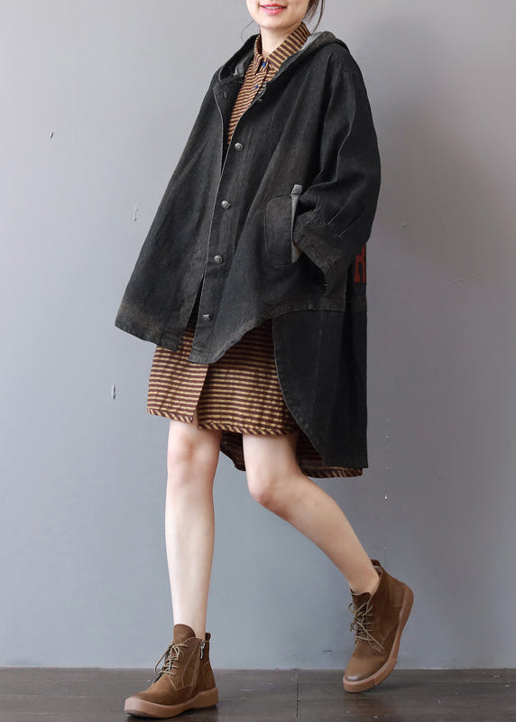 New dark gray denim coats trendy plus size hooded trench coat fine low high design coat