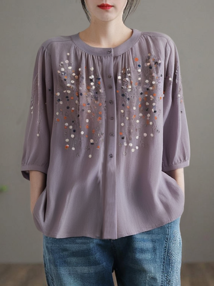 Grace Purple O Neck Embroideried Side Open Linen Blouse Spring