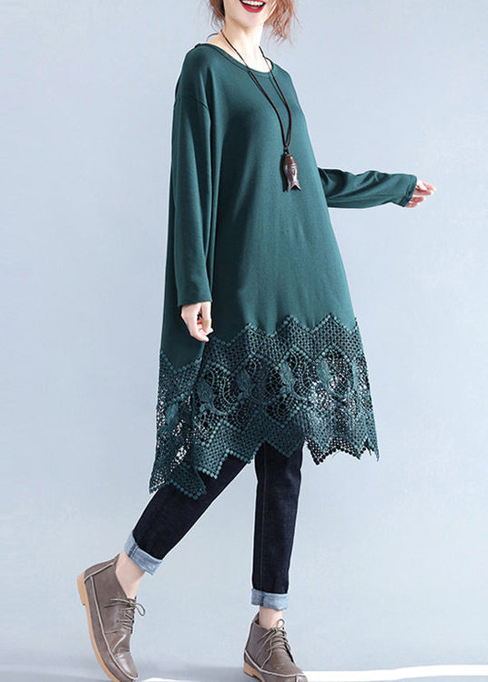 New blackish green cotton shift dress plussize cotton clothing dresses vintage lace ruffles long sleeve cotton dresses