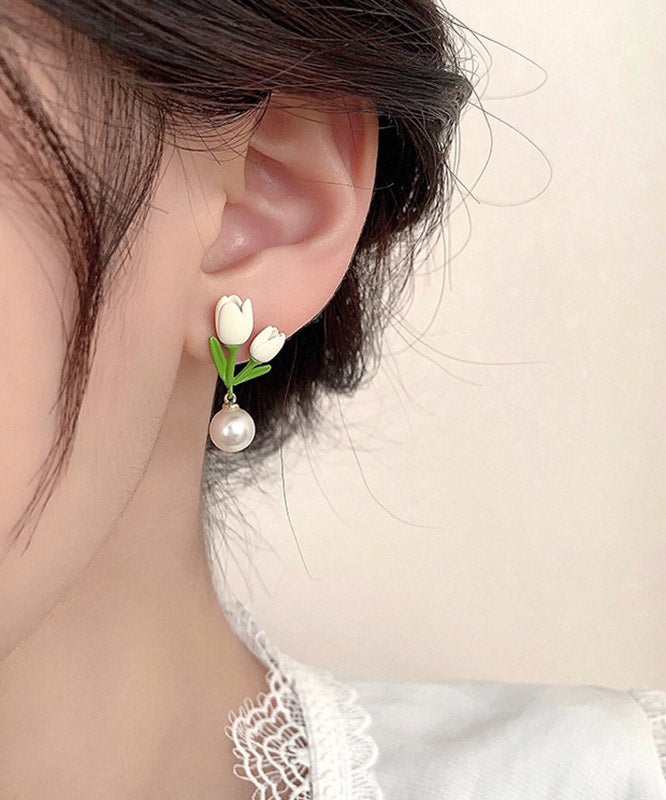 Niche Design Sterling Silver Alloy Tulip Pearl Earrings Women&