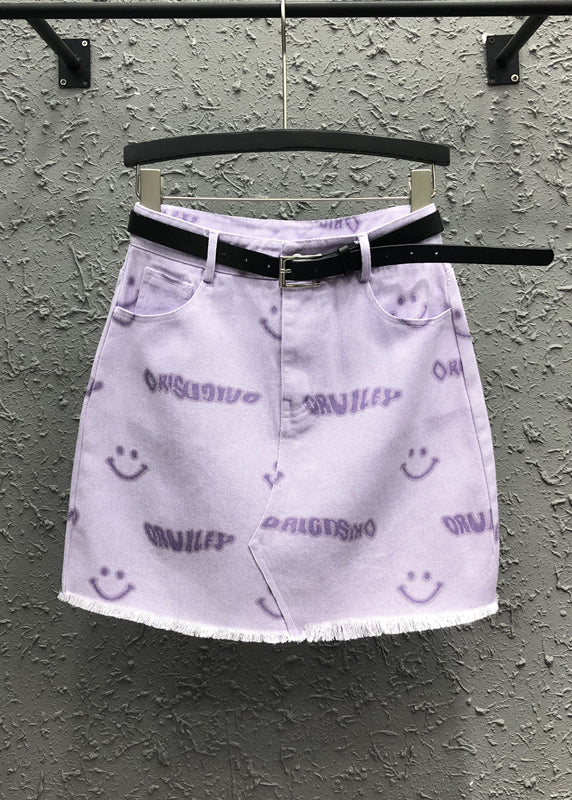 Novel Pink Smiley Face Printed Pocket Denim Skirt Summer