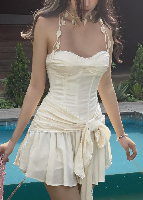 Novelty Beige Bow Original Design Cotton Mini Dresses Sleeveless